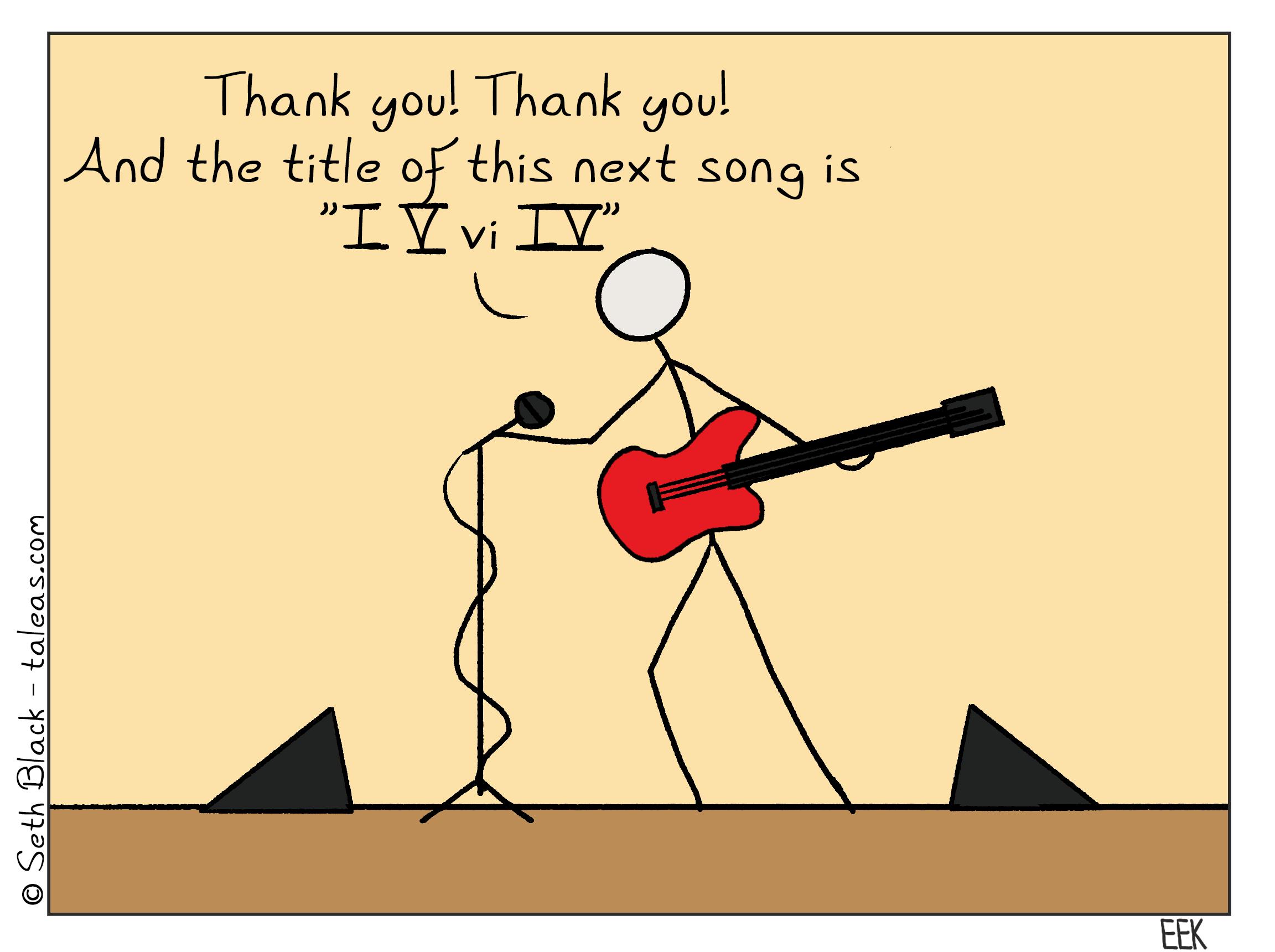 A stick figure is holding a guitar in front of a microphone on stage. "Thank you! Thank you! And the title of this next song is, I V vi IV"