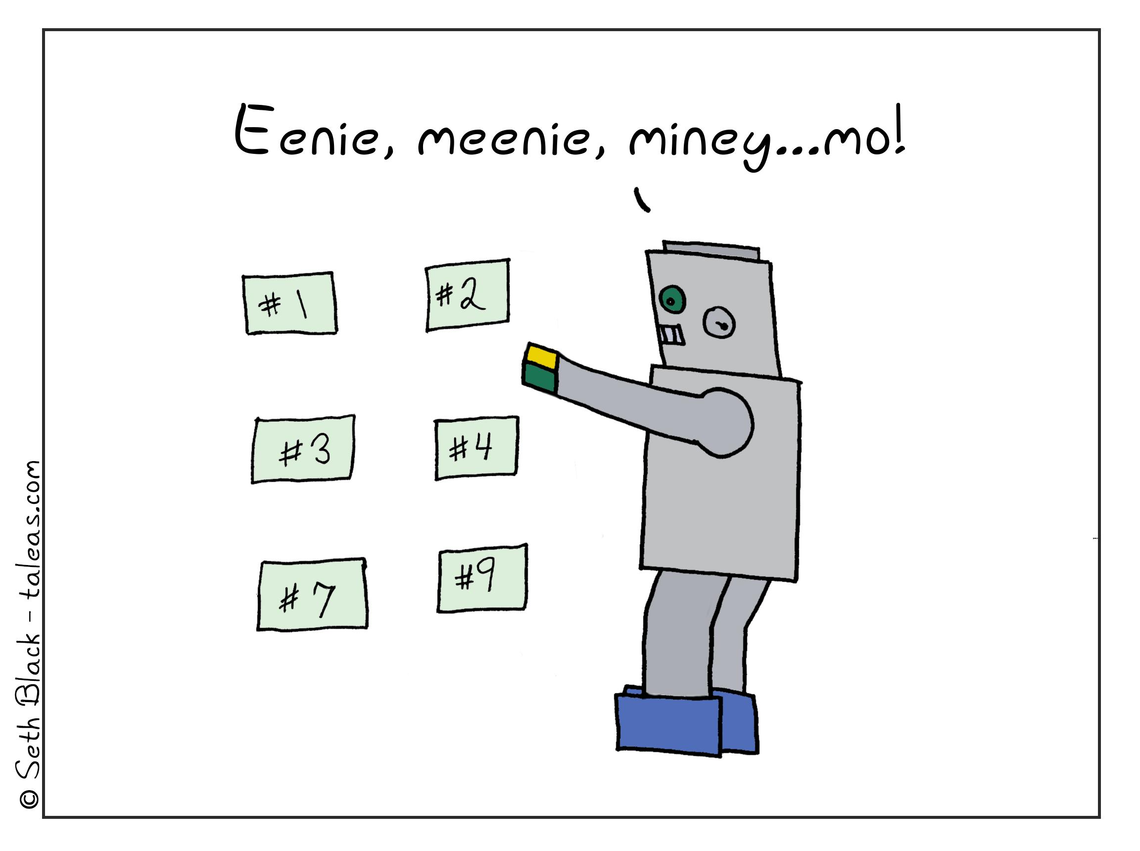 AI Bot looking at the numbers 1, 2 ,3, 4, 7 and 9 and is nervously trying to pick one saying, "Eenie, meenie, miney...mo!"