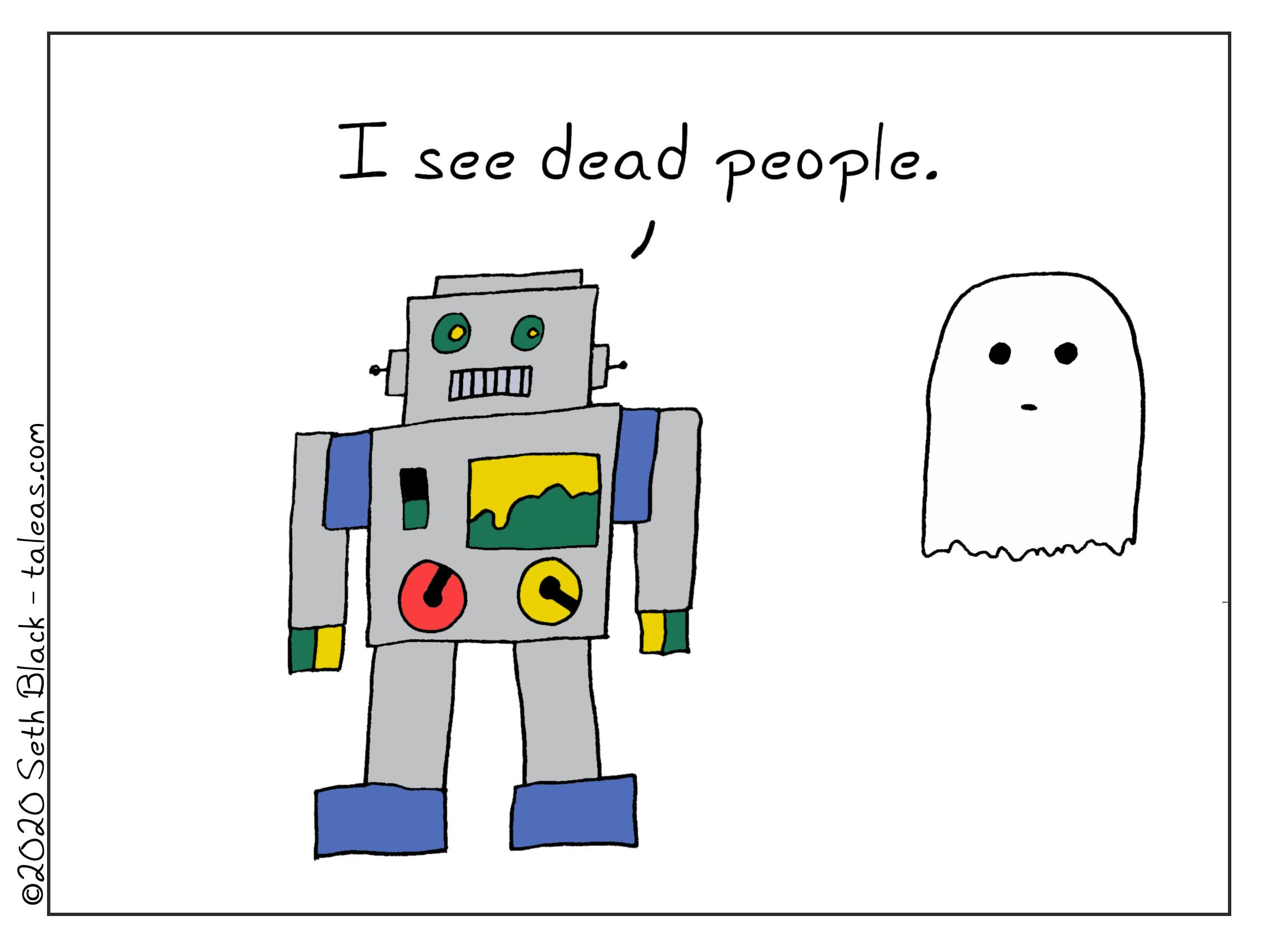AI Bot states, "I see dead people." while a ghost floats nearby.