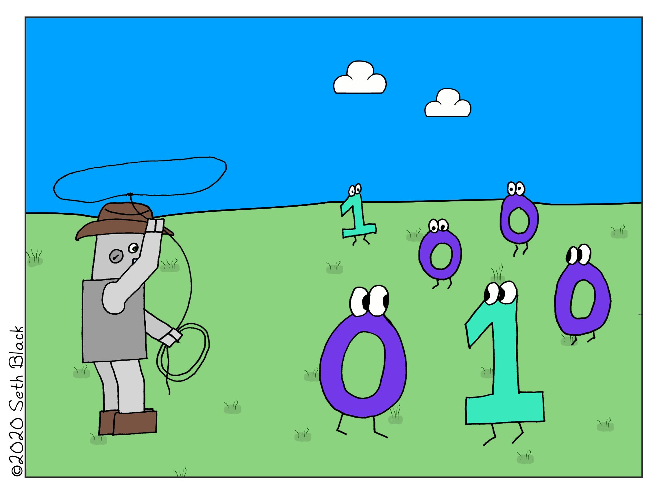 A robot dressed in a cowboy hat is attempting to rope a number from among a herd of 0's and 1's.