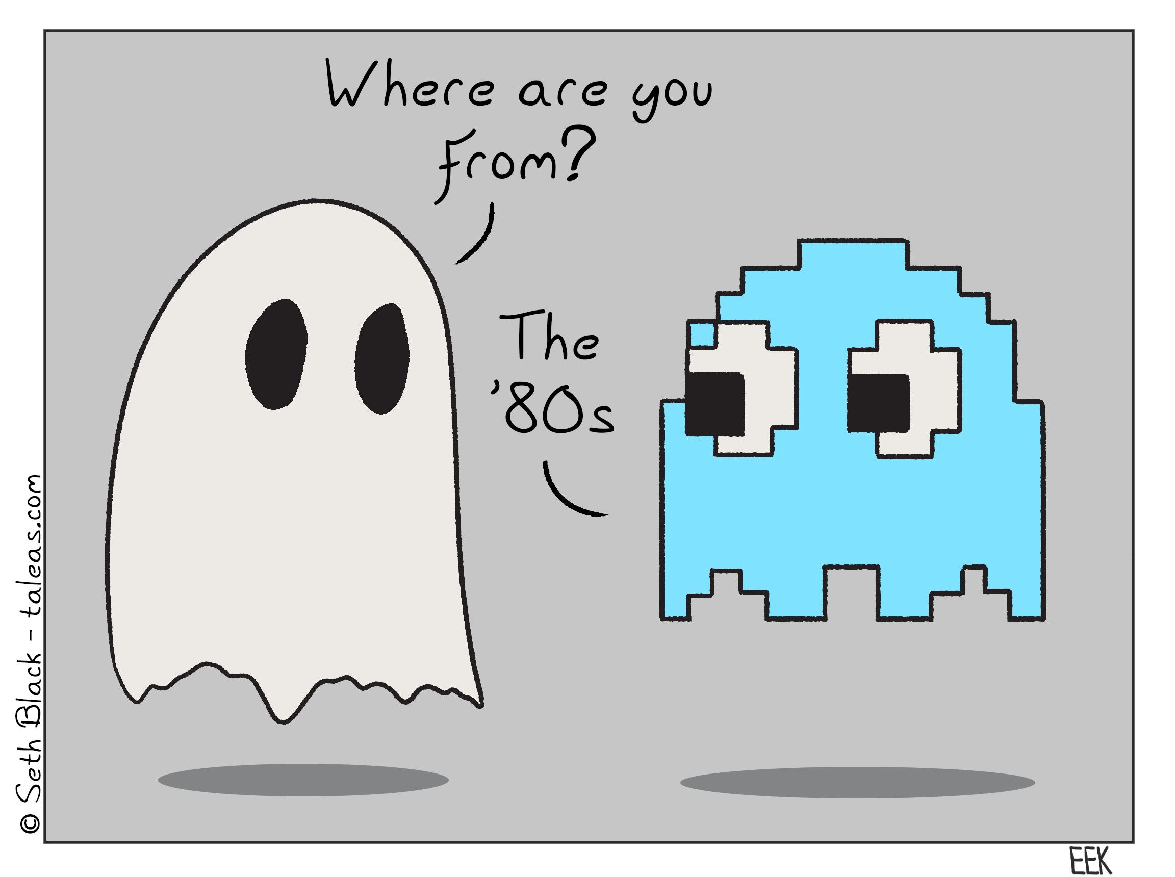 Ghostie is floating next to a blue pixelated ghost resembling Inky from Pac-man. Ghostie asks the pixelated ghost, "Where are you from?" and the pixelated ghost responds, "the 80's".