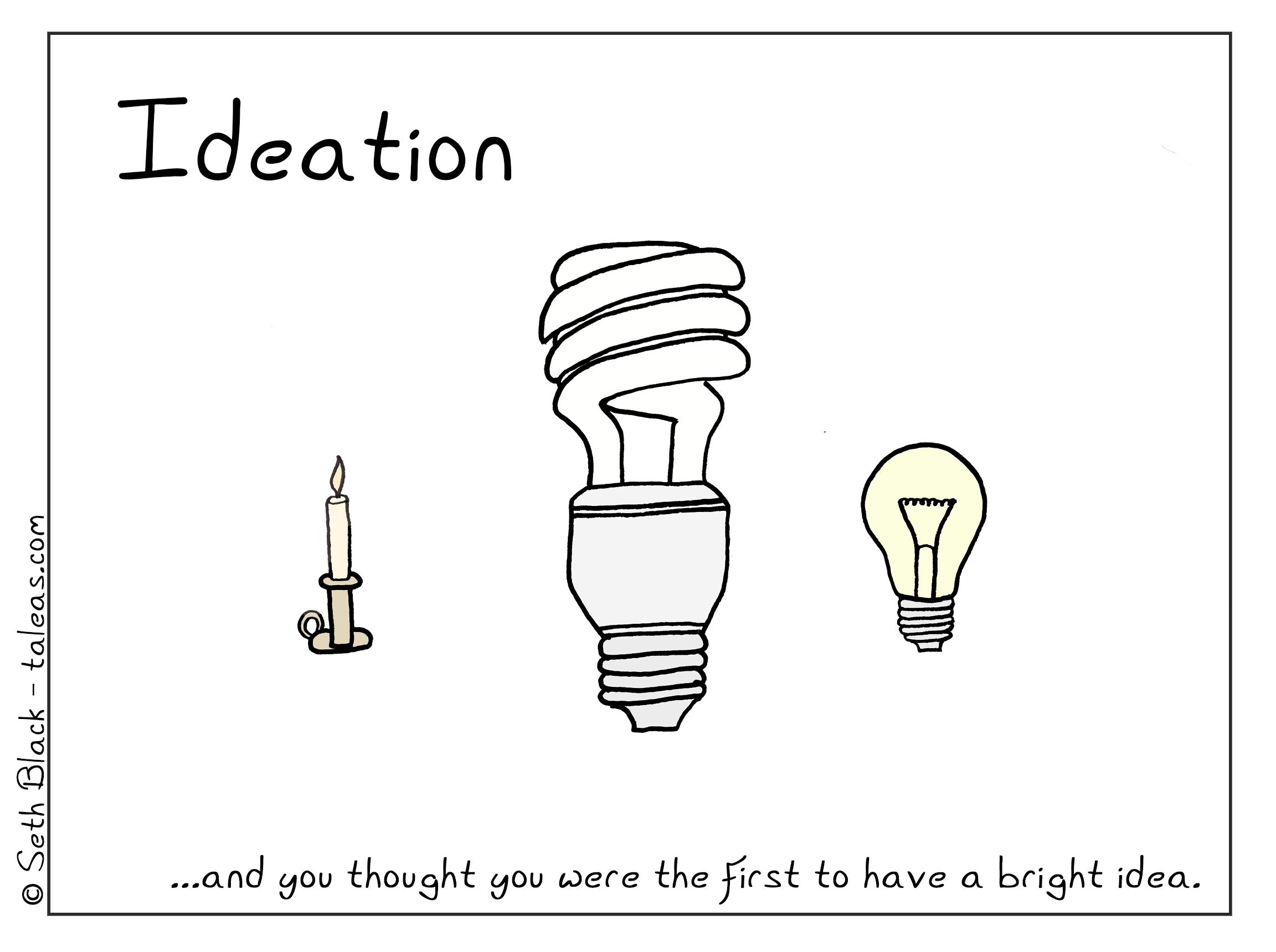 A poster containing a lit candle, a tungston lightbulb and a compact fluorescent bulb. "Ideation: and you thought you were the first to have a bright idea."