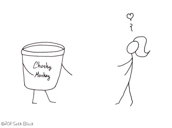 Girl stick figure reaching out lovingly to a human-sized pint of chunky monkey ice cream.