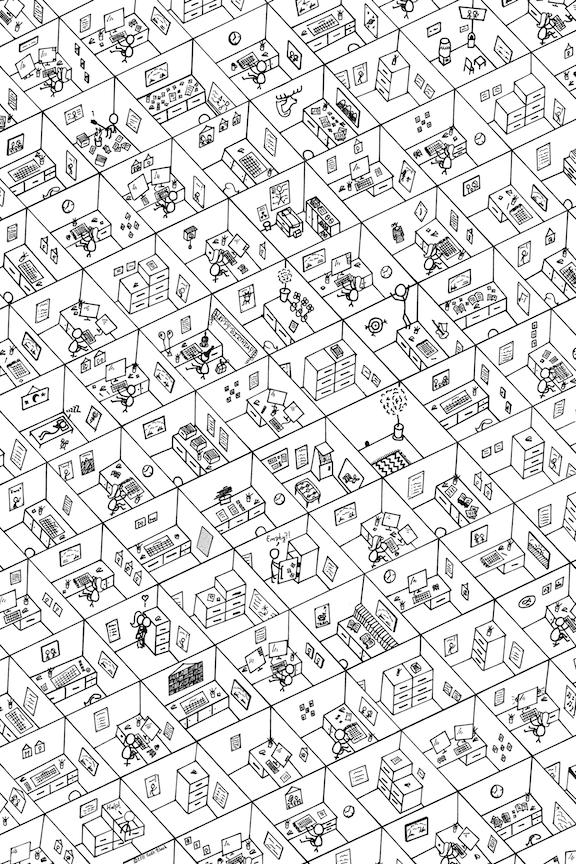 A large grid of line-art stick-figure cubicles arranged in an isometric pattern. Notable ones include a character peeking over the wall at a coworker. Pin-the-tail on the donkey. A cubicle with a happy birthday sign. Two people making out in a storage room. Someone burning papers to make s'mores. A character asleep on a cot. A moose head hanging on a cubicle wall.