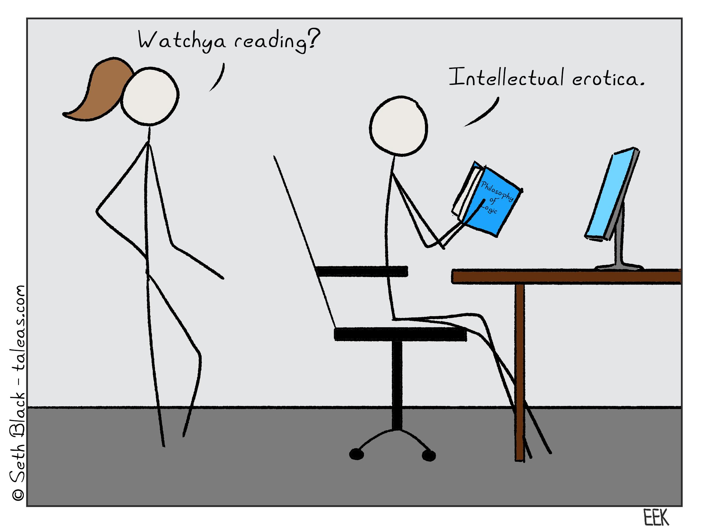 A standing stick figure is asking a seated stick figure, "Whatchya reading?". The seated stick figure response, "Intellectual erotica." The book is titled, "Philosophy of Logic".