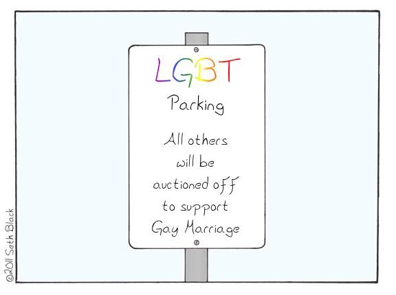 A parking sign labeled "LGBT Parking. All others will be auctioned off to support gay marriage."