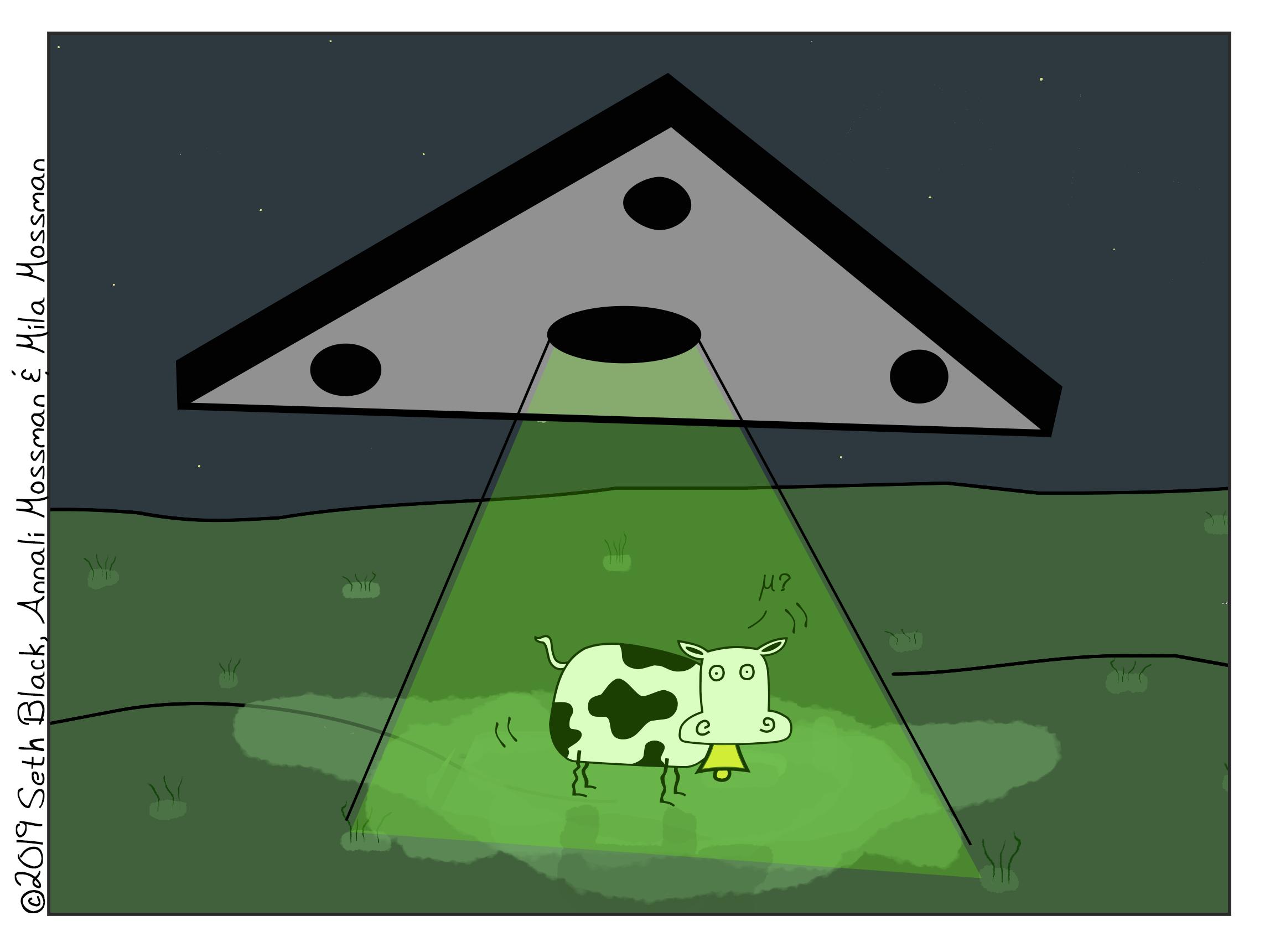 Nighttime in a cow pasture. A powerful light beam is emitting from the bottom of a Black Triangle UFO. The Mu Cow is being lifted from the ground into the UFO by the light beam and is exclaiming, "Mu?"