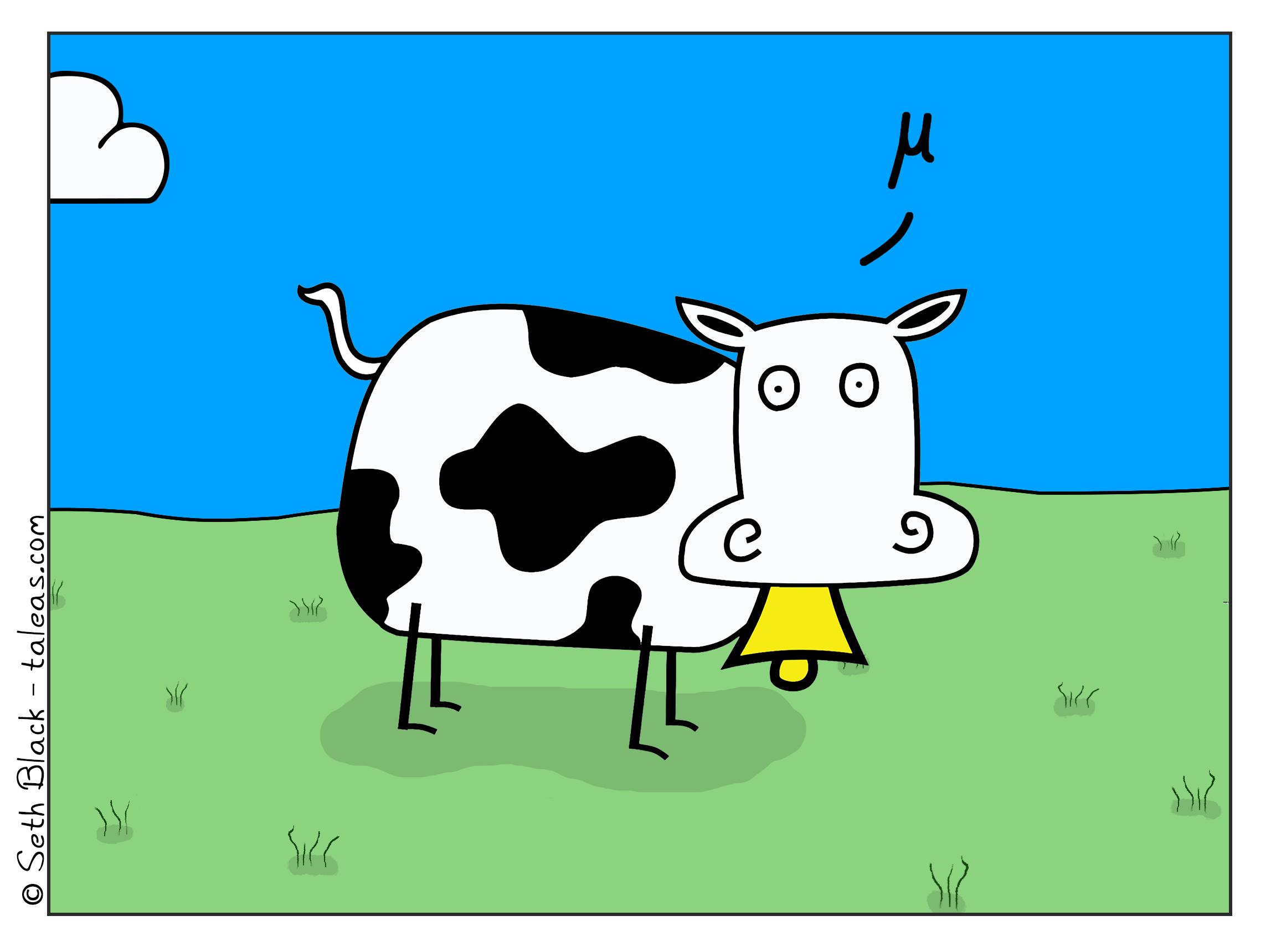 Cow standing in a grassy pasture saying the Greek letter mu instead of moo.