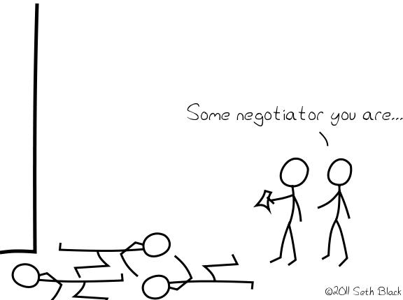 Two stick figures with one holding a megaphone stand by three other stick figures laying dead on the ground. "Some negotiator you are..."