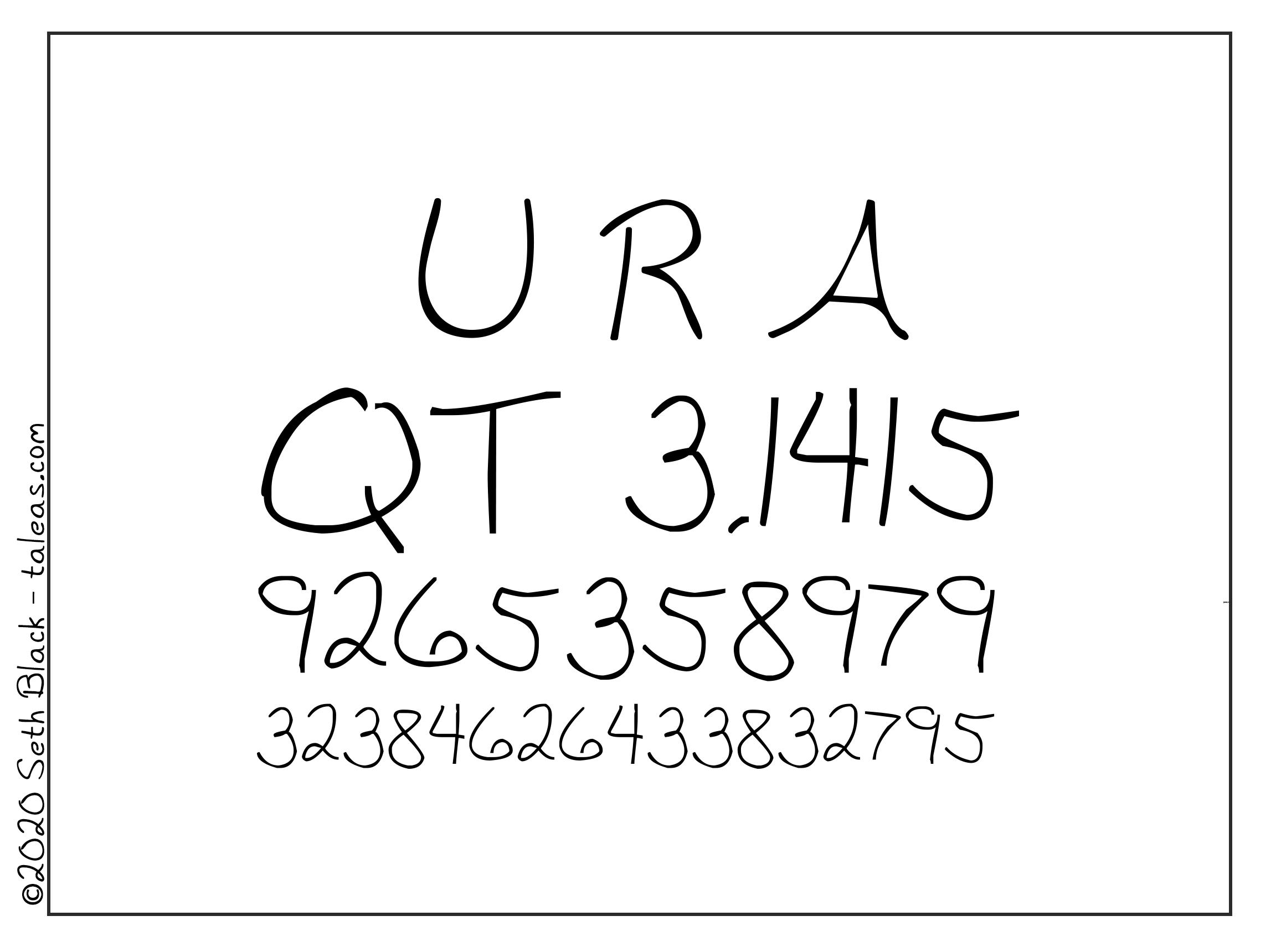 The letters U R A QT and the number Pi out to 31 digits.