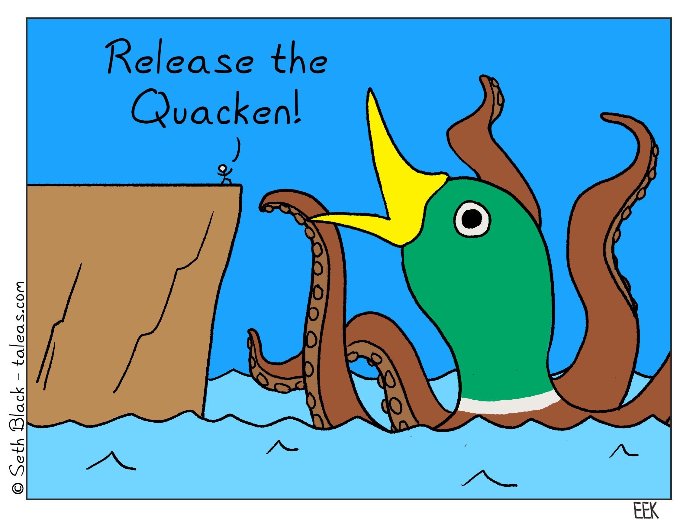 A person standing on a large cliff summons The Quacken, a large, monstrous, duck-headed octopus.