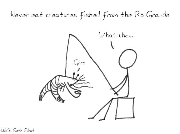 A stick figure has a fishing pole with a creature hooked to the end that appears to be a growling mixture betwwen a crab, a lobster and a shrimp. "Never eat creatures fish from the Rio Grande."