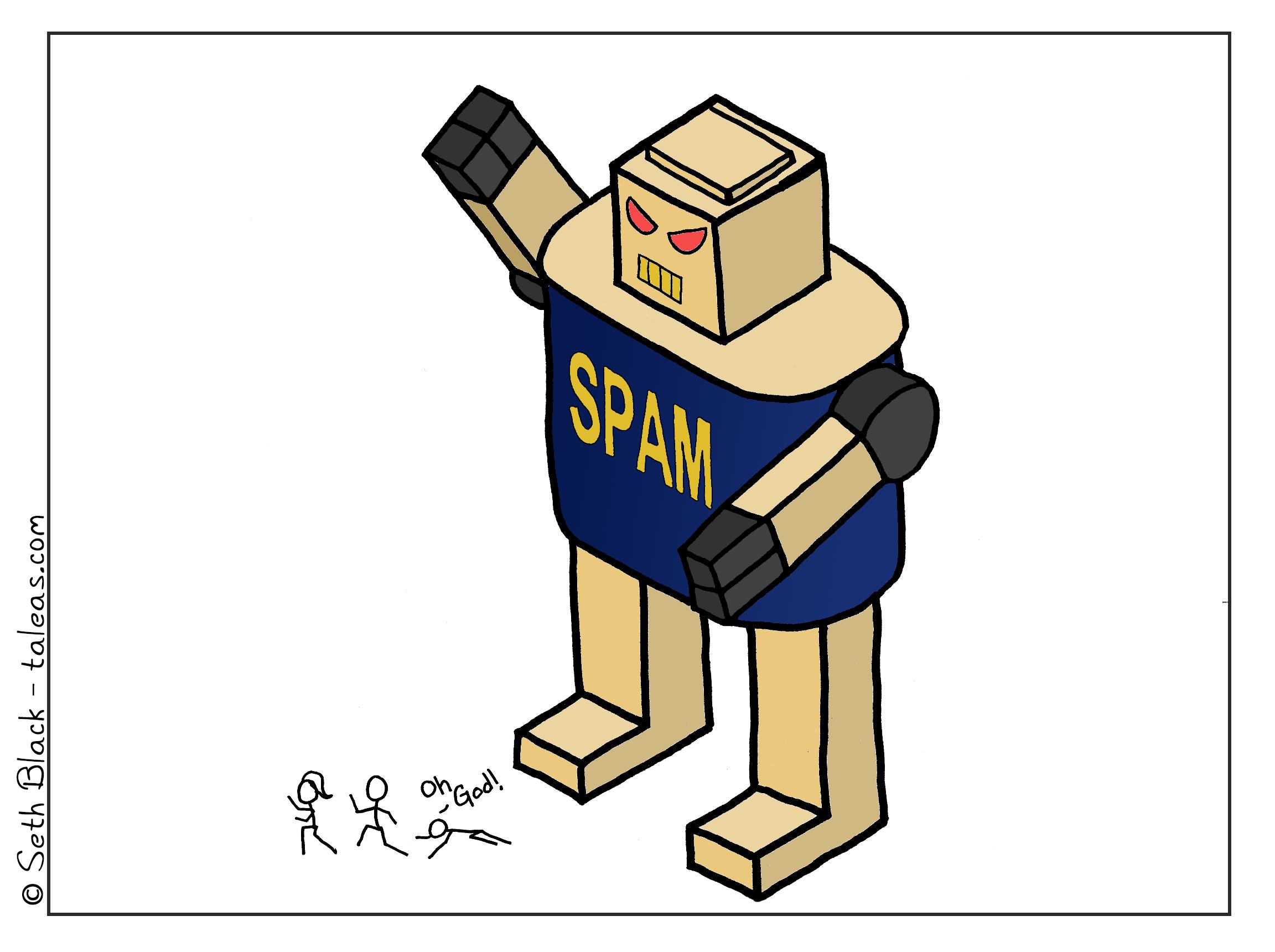 A giant robot with the general shape and color scheme of a can of Spam is chasing a group of three stick figures. One stick figure has apparently fallen and is exclaiming, "Oh God!".