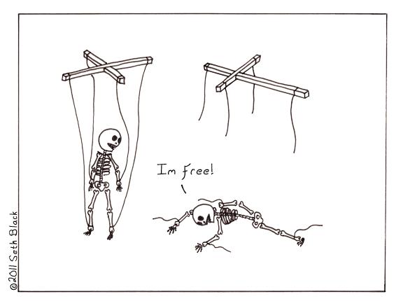 Two skeleton marionettes. One has had his wires cut from the control bar and is laying on the ground, immobile while the other looks on. The skeleton on the ground exclaims, "I'm free!"