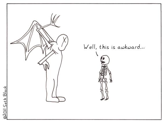 The Halloween Skeleton encounters the Buttersafe Skeleton Harvester. The Halloween Skeleton says, "Well, this is awkward".