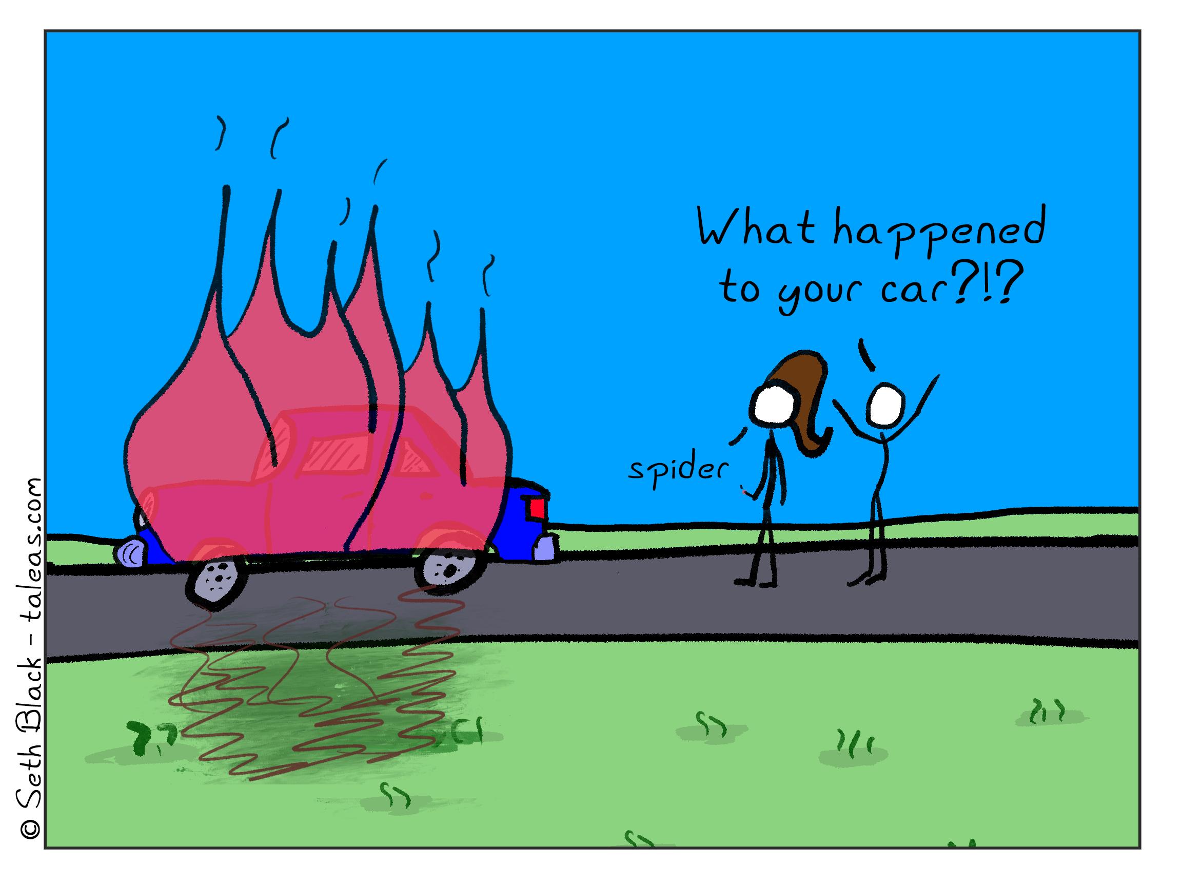 A burning car rests in the middle of a road while two stick figures look on. One stick figure exclaims, "What happened to your car!?!" to which the other stick figure who is holding a match replies, "spider".