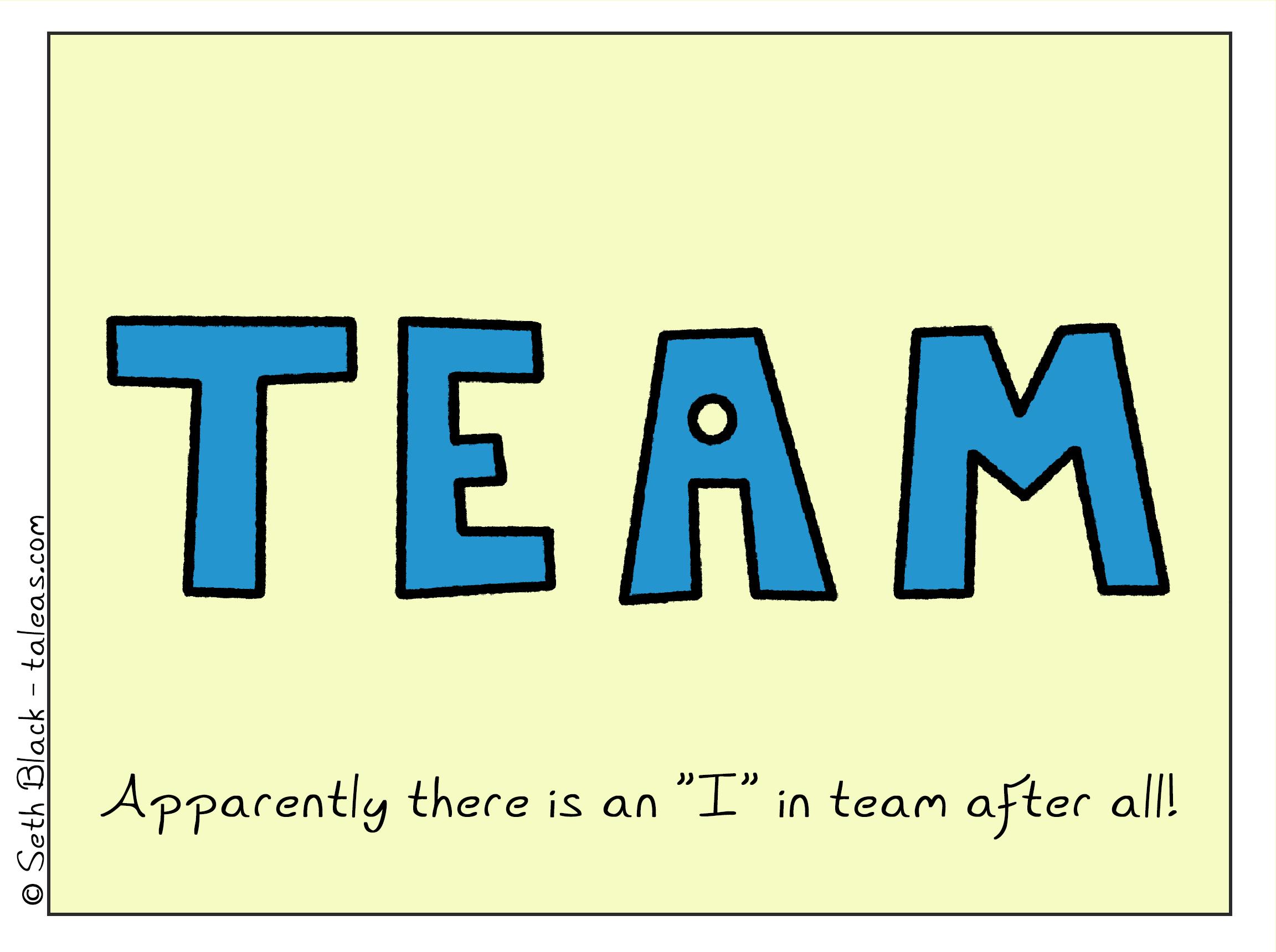 Demotivational poster with the word TEAM written in a square-blocky style with a lowercase letter "i" as the whitespace in the letter "a". The caption reads: "Apparently there is an "I" in team after all!".