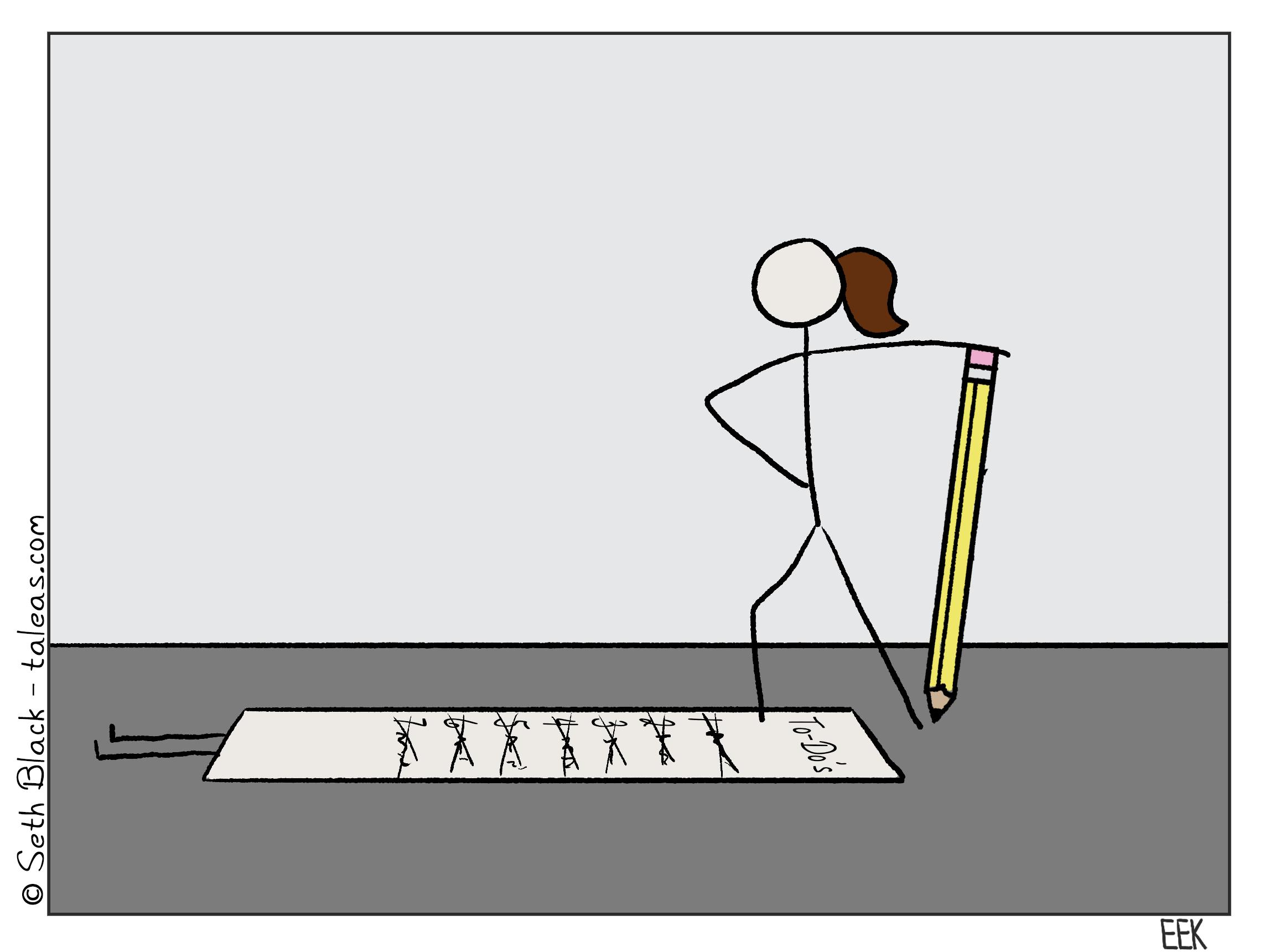 A female stick figure stands, holding a large pencil, victoriously over a defeated todo list.