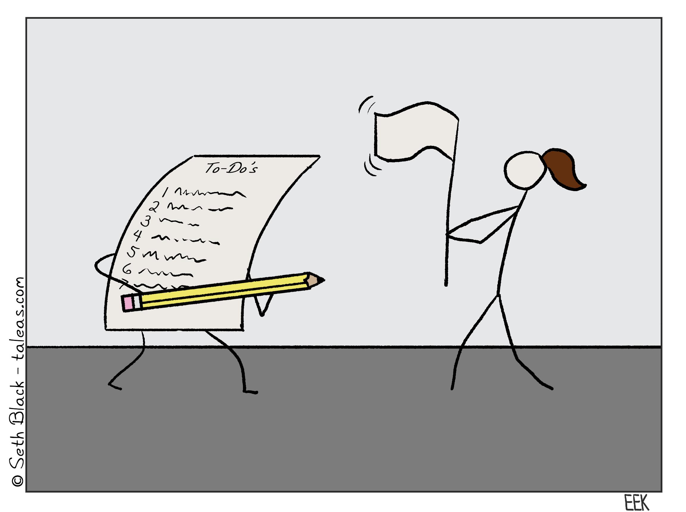 A female stick figure is attacked by a massive todo list wielding a large pencil.