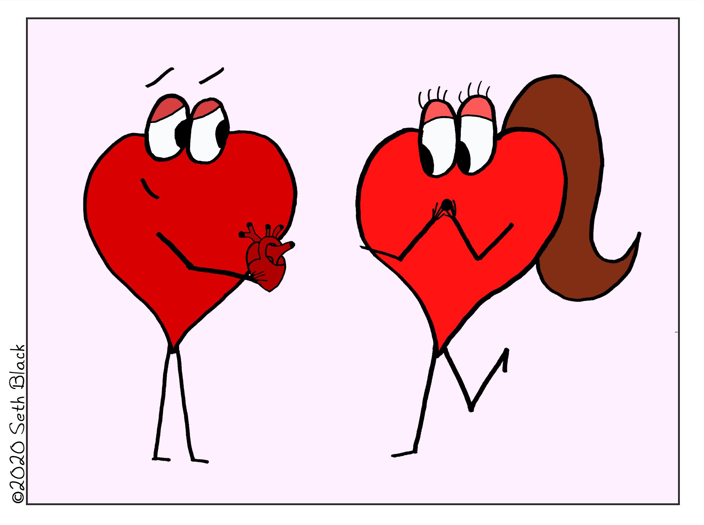 A male comic caricature heart is giving a female caricature heart a human heart for Valentine's Day. The female heart is surprised, and the male heart has a romantic look in his eyes.